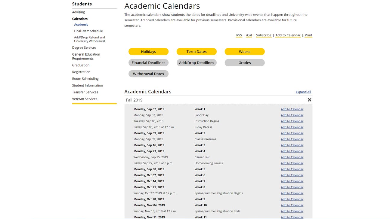 A screenshot of the academic calendar page. The page consists of yellow buttons for filtering the dates, and below that expandable lists of calendar dates for each semester.