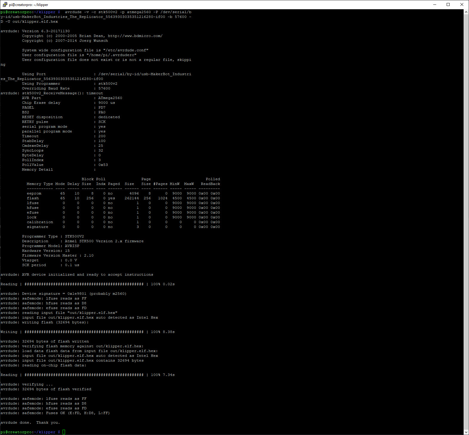 Screenshot showing the full output of running the Avrdude command.
