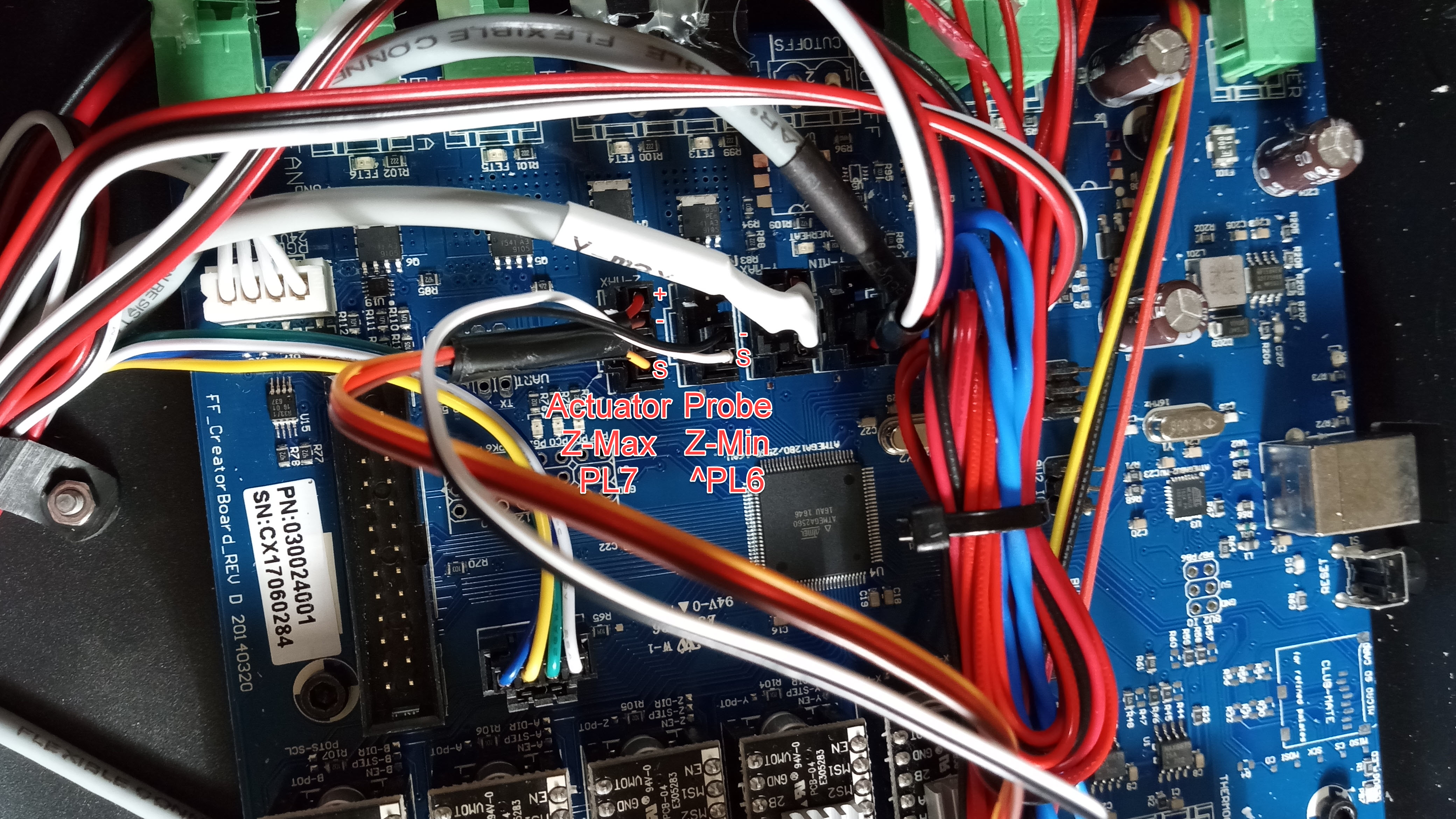 Photo depicting how to wire up the BL Touch sensor onto the Creator Pro MightyBoard