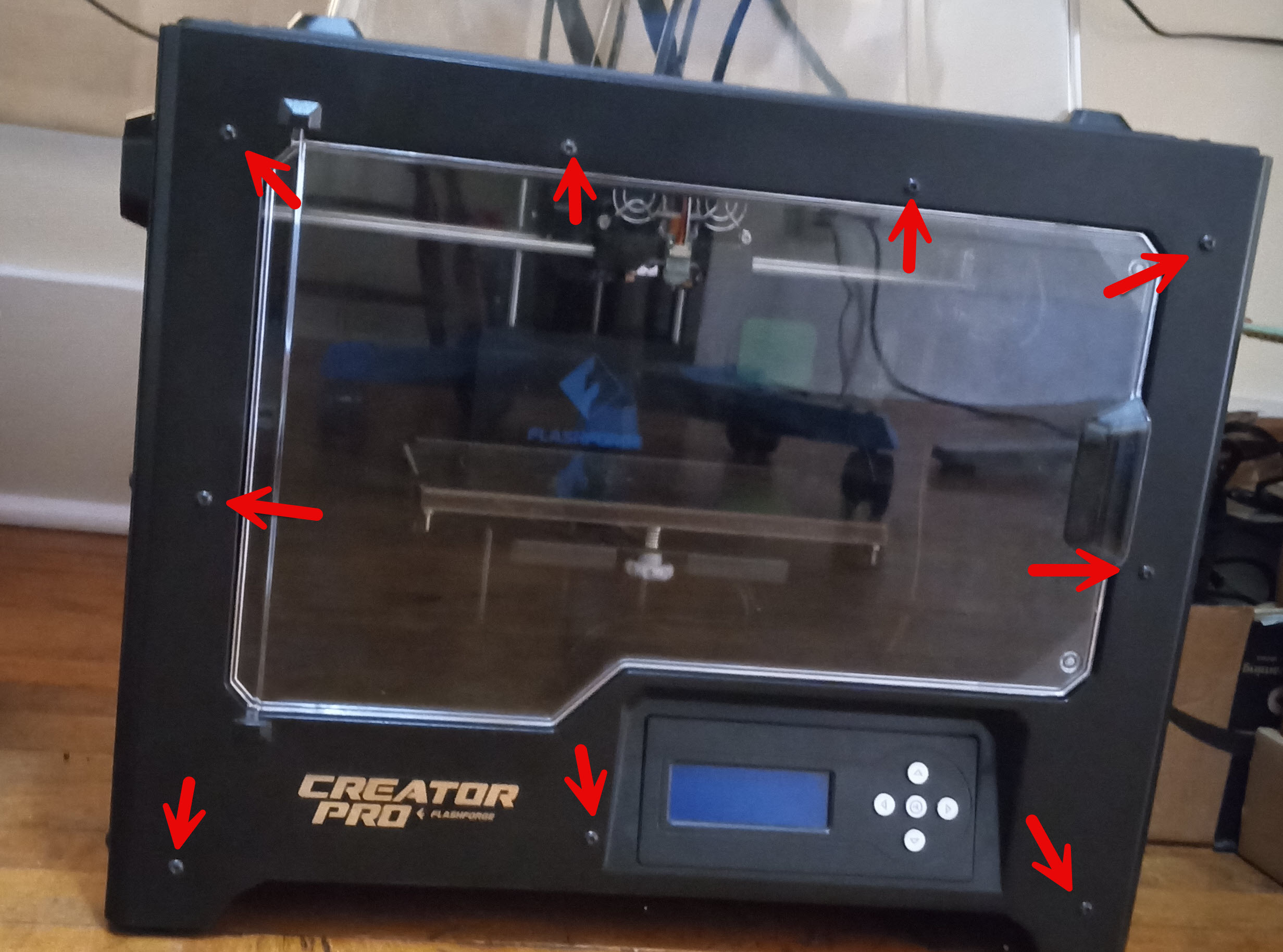Photo depicting the locations of the 9 door bolts on the Creator Pro door.