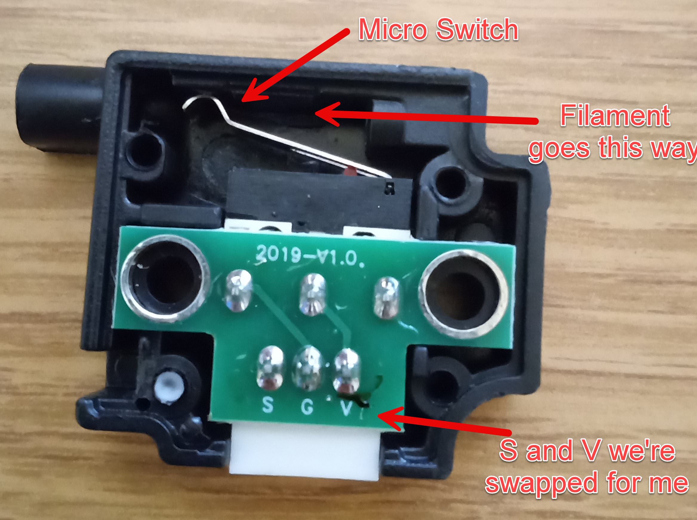 Photo showing the filament sensor taken apart with the cover removed to show how the filament enters and how the wiring works.
