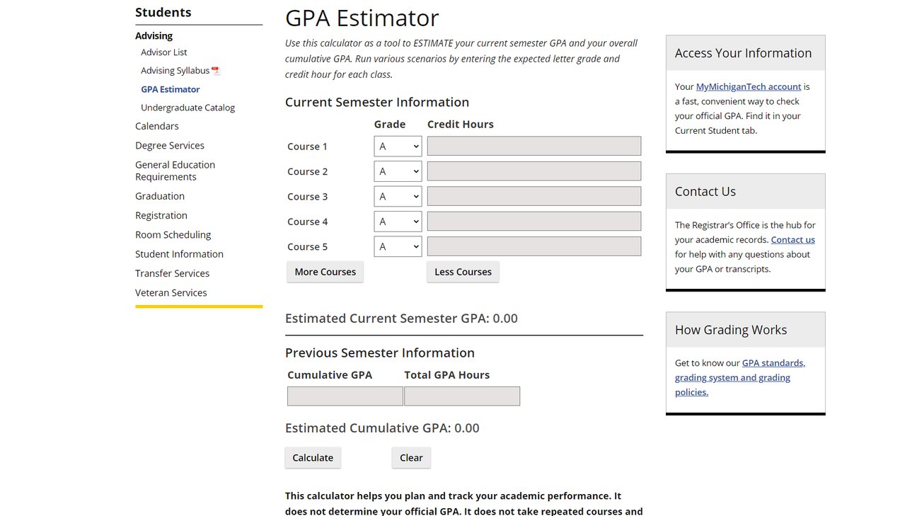 A screenshot of the GPA estimator page. It includes a series of text boxes for entry of the current semester's grades, and previous semester's GPA.