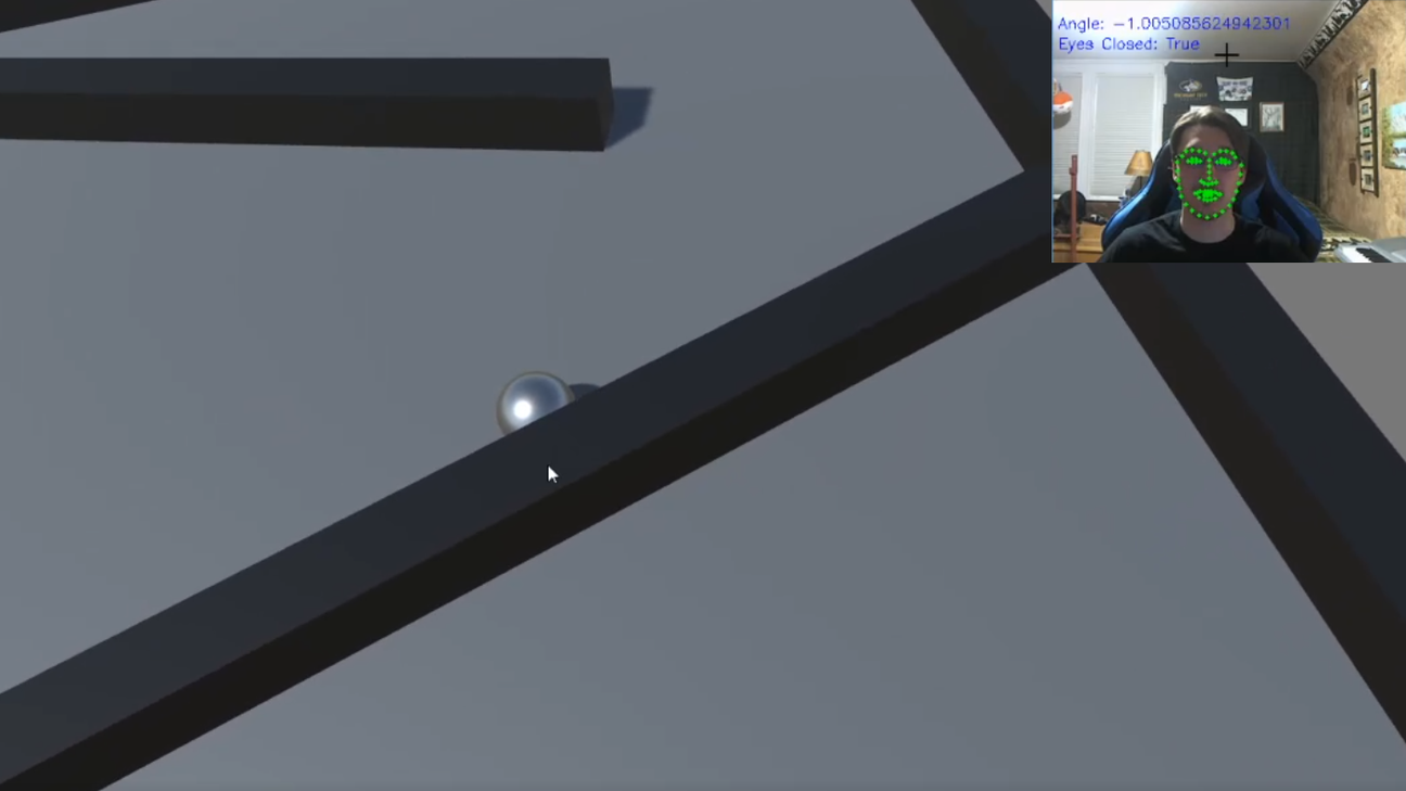 A screenshot of the game, with a webcam in the corner with a green overlay outlining important facial landmarks. Textual readouts show the tilt angle of the face, and whether the users eyes are open.