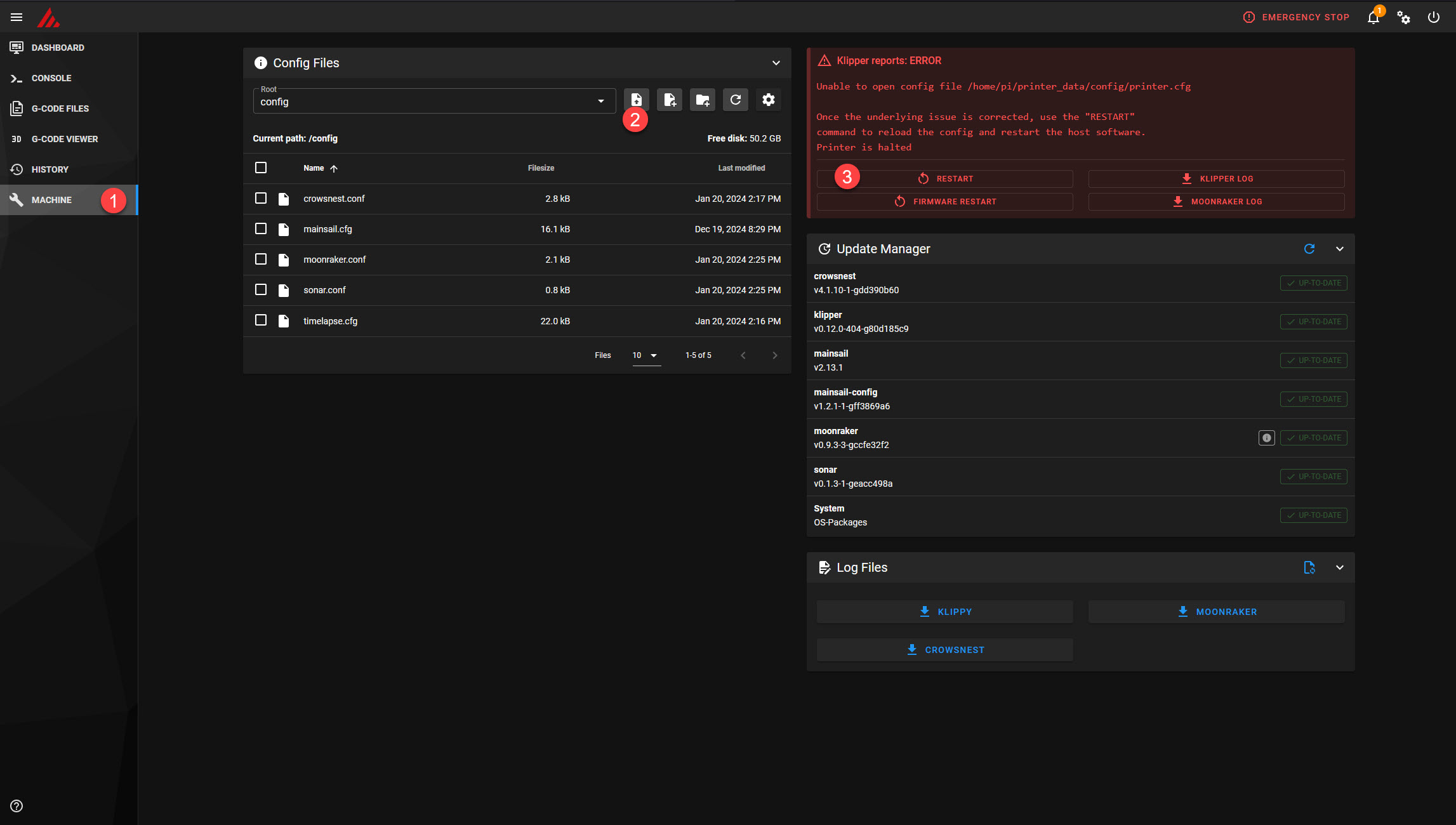Screenshot of MainSail depicting the steps to restart after making configuration updates.
