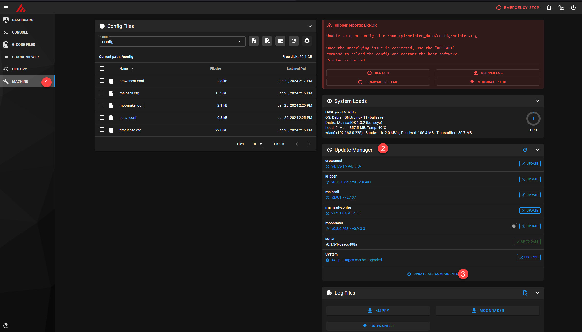Screenshot of the MainSail UI with labels showing how to get to the update manager.