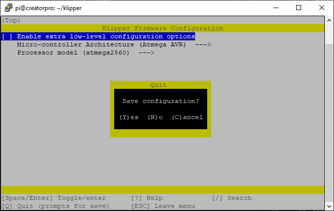 Screenshot depicting the make menuconfig commands menu on the raspberry pi.