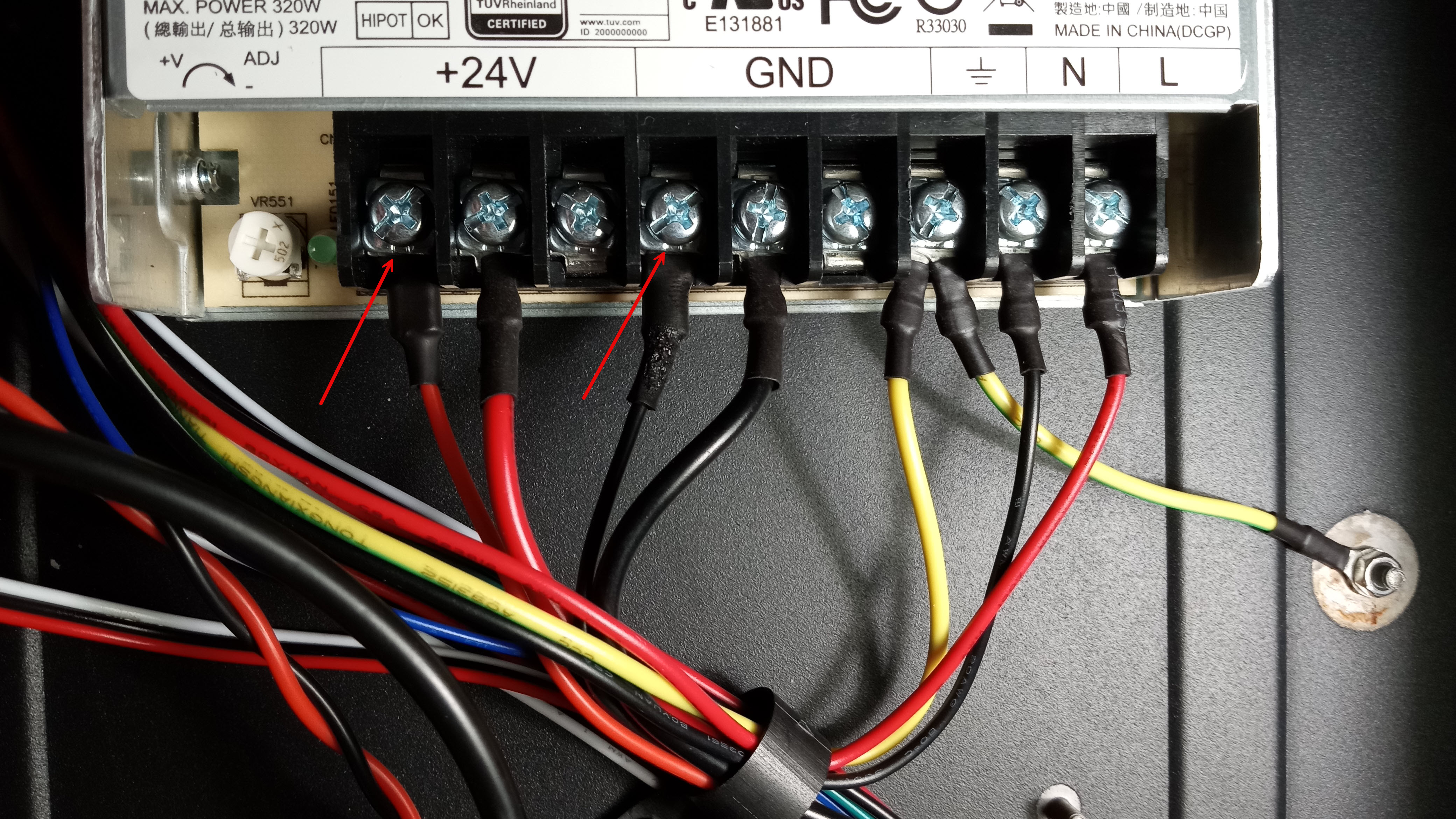 Photo of the Creator Pro's power supply with connections added for the Raspberry Pi.
