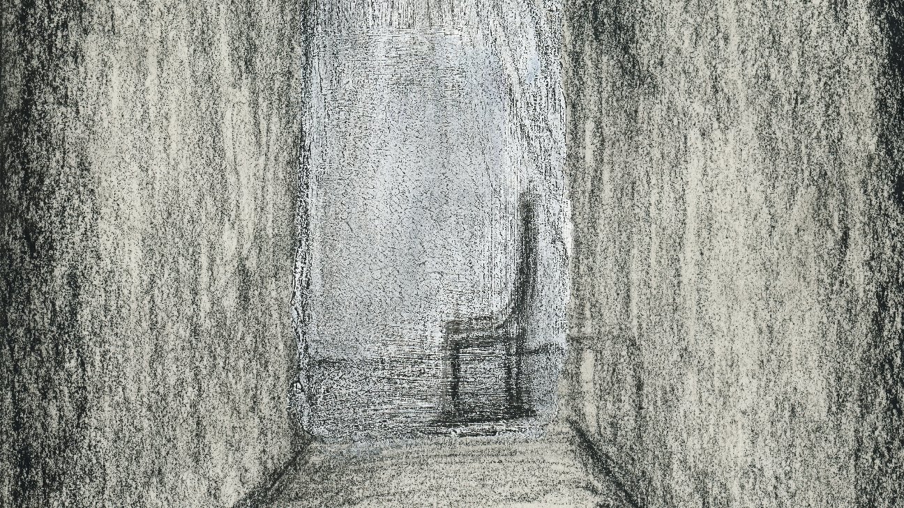 Illustration of a hallway leading into a room with a lone chair.
