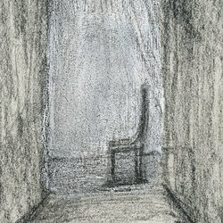 Illustration of a hallway leading into a room with a lone chair.